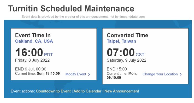 (公告)Turnitin系統維護時間通知